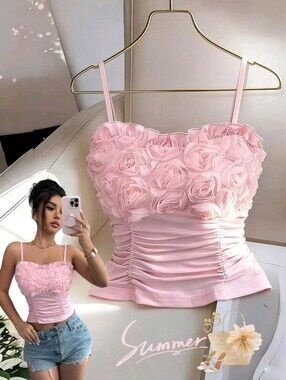 Elenzga 3D Floral Intricate Knit Elastic Fitted Ruched Camisole Top